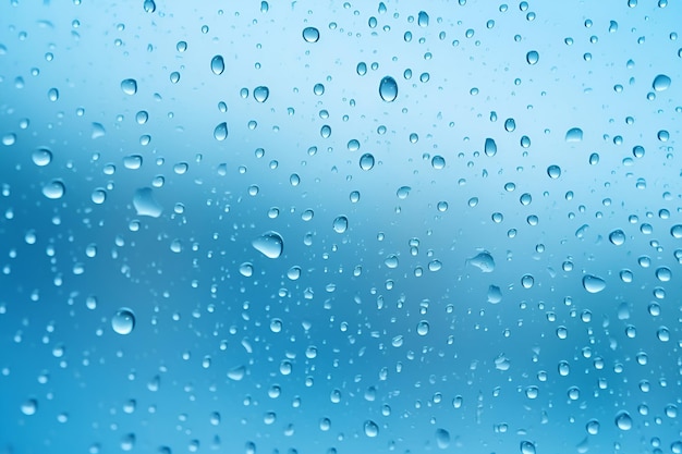 Gotas de lluvia en el vidrio Fondo de luz azul Generación de IA