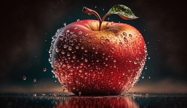 Gotas de manzana fresca en reflexión húmeda merienda saludable IA generativa