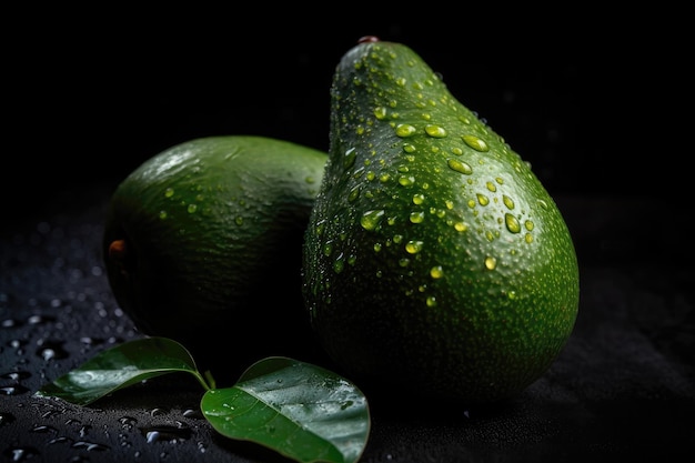 Gotas metálicas de aguacate verde sobre fondo negro IA generativa