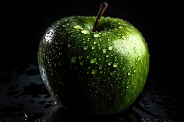 Gotas metálicas verdes de maçã Granny Smith sobre fundo preto IA generativa