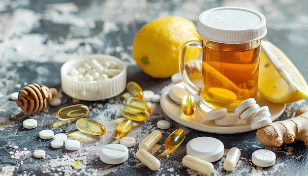 Foto gotas nasais com chá de limão, mel de gengibre e pílulas em fundo grunge.