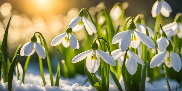 Gotas de nieve en la nieve primera primavera flores silvestres efecto bokeh