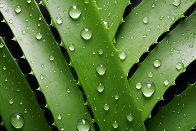 Gotas nutritivas Vista superior de hojas de Aloe Vera adornadas con gotas de agua y rodajas sobre fondo blanco