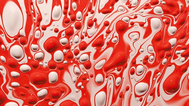 Gotas de pintura blanca abstracta mezcladas en fondo de aceite rojo Patrón de fluidos no mezclados IA generativa