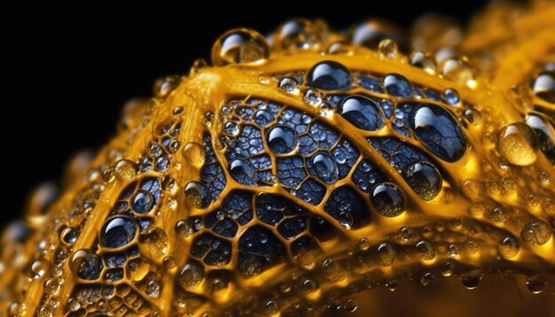 Gotas de rocío amarillas vibrantes en la refrescante belleza natural de la hoja verde generada por la inteligencia artificial