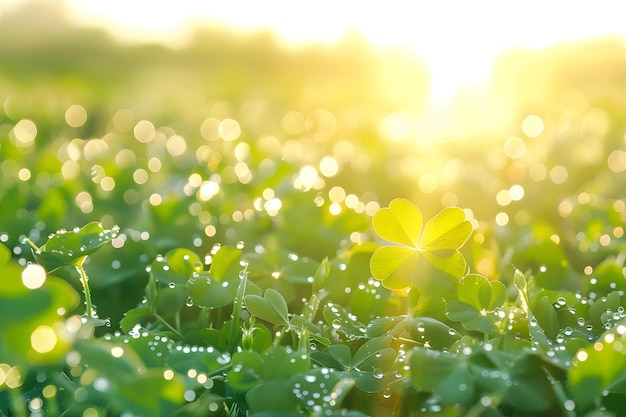 Gotas de rocío brillantes en un campo de trébol verde en la luz del sol de la mañana Concepto Fotografía de la naturaleza La luz de la mañana gotas de rocía en el campo de trévol verde Escena tranquila