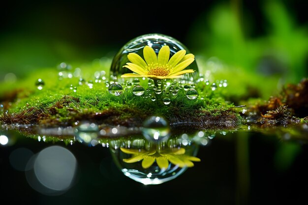 Gotas de rocío creciendo en el musgo y las flores por la mañana