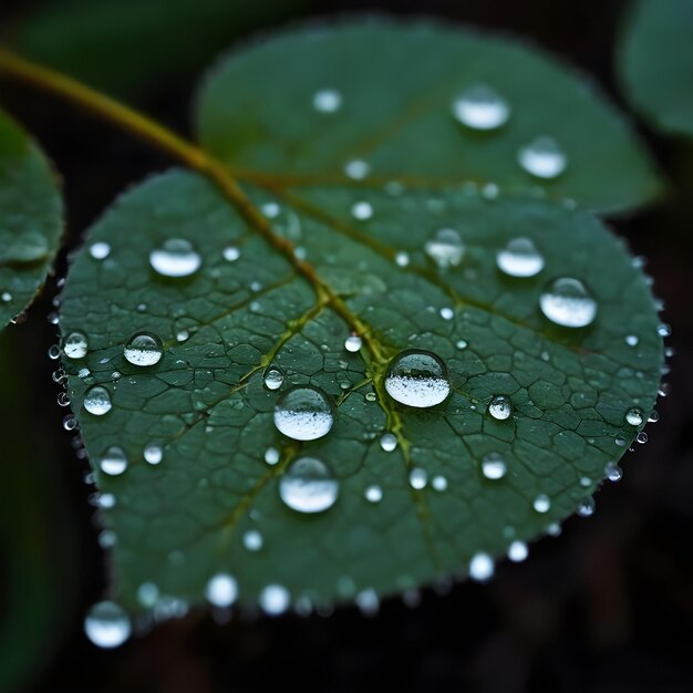 Las gotas de rocío frescas brillan en las hojas verdes vibrantes a la luz de la madrugada