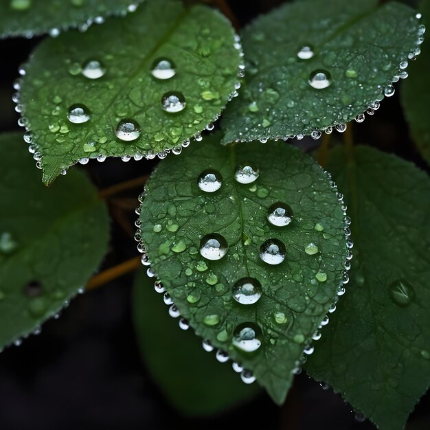 Foto las gotas de rocío frescas brillan en las hojas verdes vibrantes a la luz de la madrugada