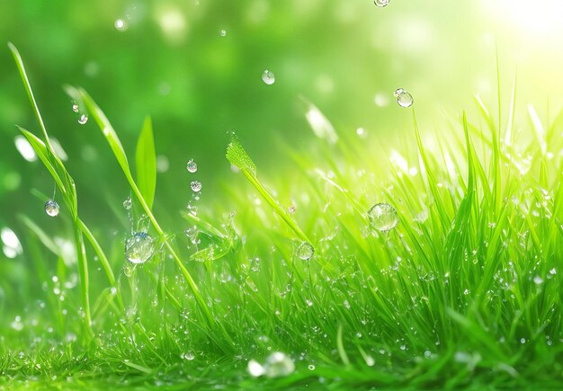 Gotas de rocío iluminadas por el sol en la hierba verde fresca Una cautivadora danza de luz y vida IA generativa