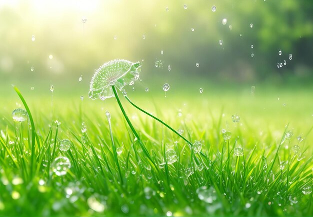 Gotas de rocío iluminadas por el sol en la hierba verde fresca Una cautivadora danza de luz y vida IA generativa