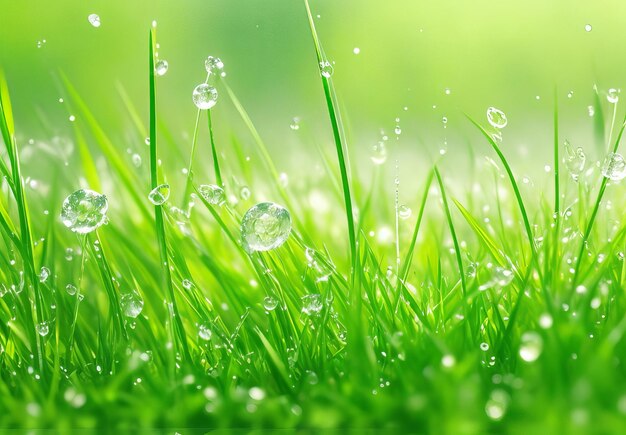 Gotas de rocío iluminadas por el sol en la hierba verde fresca Una cautivadora danza de luz y vida IA generativa