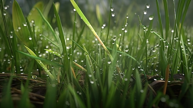 Gotas de rocío relucientes adornan ilustración de arte digital de hierba fresca de primavera IA generativa