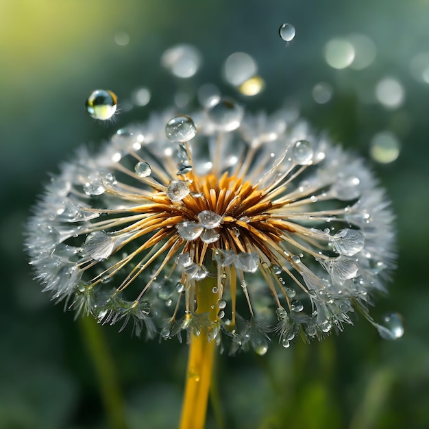 Gotas de rocío relucientes en las semillas de diente de león Una instantánea macro de la belleza de la naturaleza