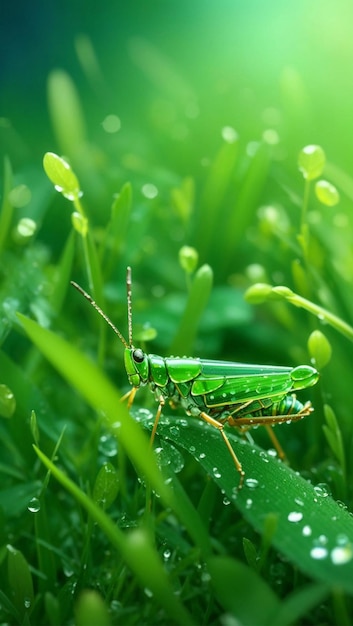 Gotas de rocío sobre saltamontes de hierba verde