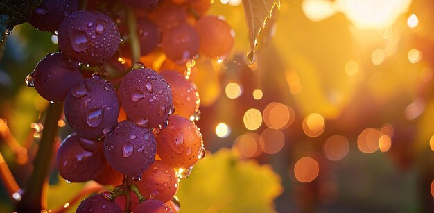 Gotas de rocío en las uvas contra el amanecer Concepto de elaboración del vino