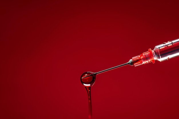Gotas de sangre en el extremo de una aguja de jeringa