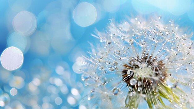 Gotas transparentes de agua en una flor de diente de león