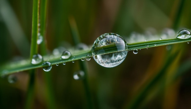 Gotas verdes frescas en la belleza de la naturaleza de las hojas mojadas en el foco generado por la inteligencia artificial