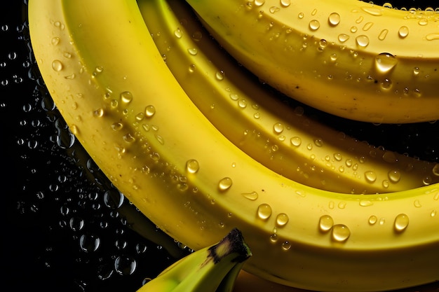 Foto gotas visíveis de frutas frescas de banana da vitrine de produtos de água