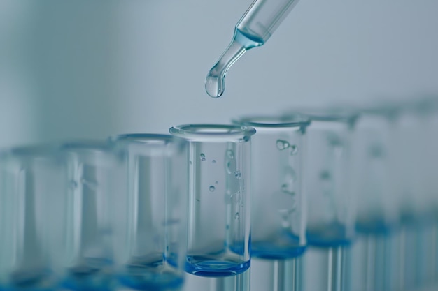 goteo de líquido de la pipeta en el tubo de ensayo en tubos de ensayo de laboratorio de ambiente ligero y aireado