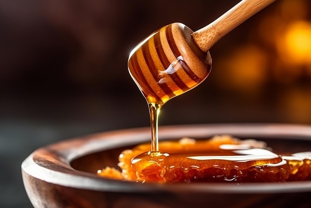 El goteo de miel de Honey Dipper en un cuenco de madera creado con herramientas de IA generativas