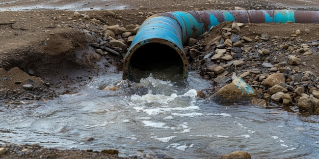 Las goteras de agua de la tubería azul rota empapan el suelo de abajo