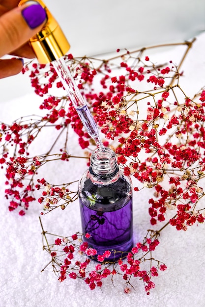 Gotero de vidrio de aceite cosmético y flores secas y hierbas sobre blanco Aceite para el cuidado de la piel a base de hierbas naturales