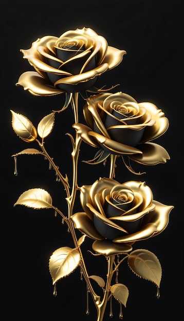 Gothic Elegance 3D Schwarz-Gold-Rosenblumen im dunklen Ambiente