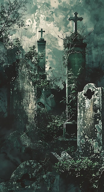Gothic Friedhof mit verwitterter Stein Textur Eerie Friedhof Illustration Trending Hintergrund Dekor