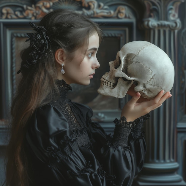 Foto gothic girl holding the skull with both handsface the skullside view