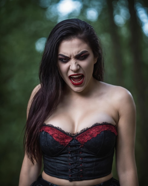 Gothische Vampirfrau mit roten Lippen und schwarzem Korsett