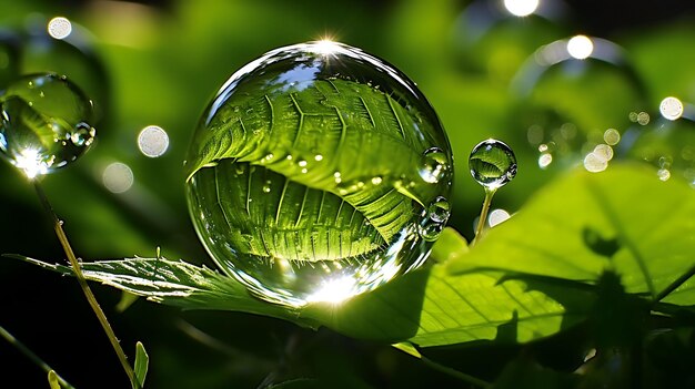 gotículas de água limpa bola gotículas transparentes refletindo plantas ecológico verde