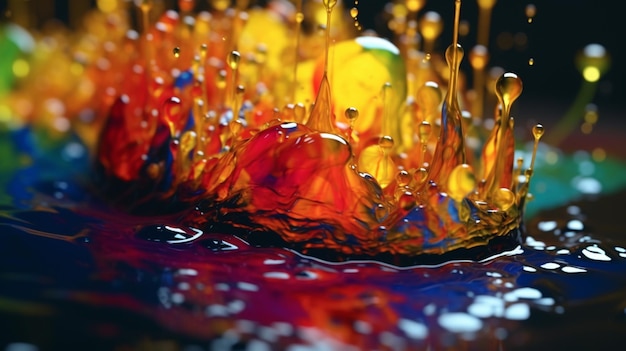Foto gotículas de tinta de cores brilhantes caindo sobre um pedaço de ia gerativa
