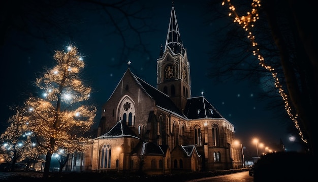 Gotische Kapelle, die nachts von KI-erzeugten Weihnachtslichtern beleuchtet wird