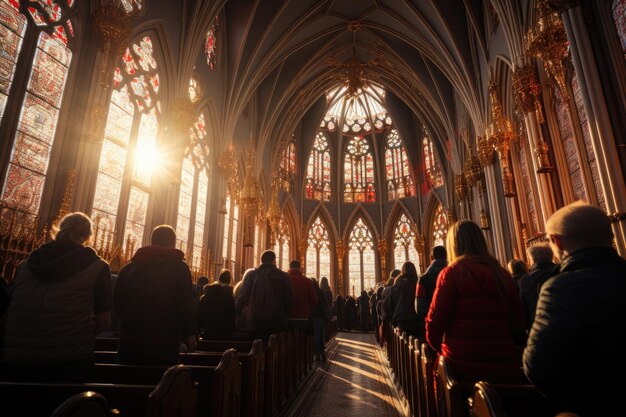 Gotische Kathedrale, Gläubige im Gebet, bunte Glasmalerei, generativ IA