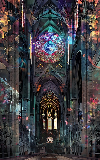 Gotische Kathedrale mit Buntglas-Textur, komplizierte Spitze, C-Illustration, Trend-Hintergrunddekor