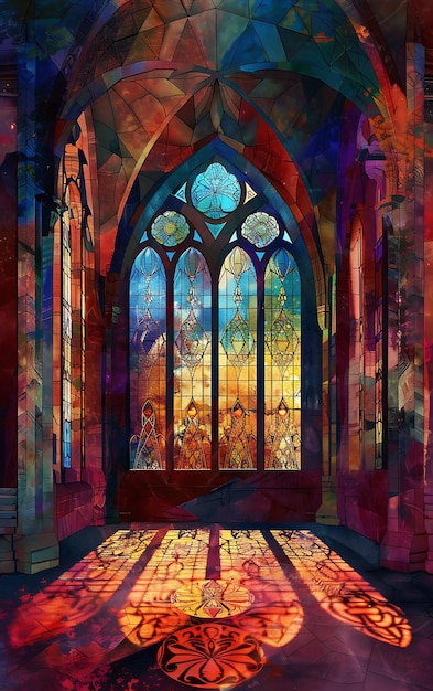 Gotische Kathedrale mit Buntglas-Textur, komplizierte Spitze, C-Illustration, Trend-Hintergrunddekor