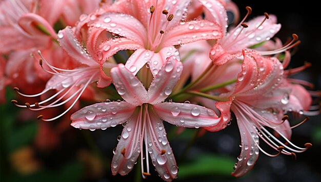 gotitas de agua en una flor con gotas de agua en ellas