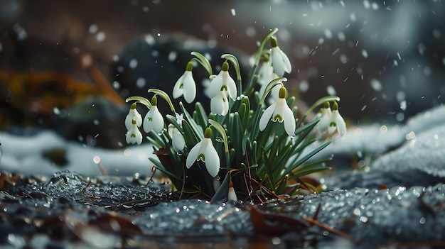 Las gotitas de nieve blancas que surgen a través de la nieve derretida señalan la primavera las naturalezas la resiliencia ideal para temas estacionales estilo de fotografía de stock IA