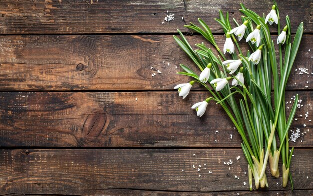 Las gotitas de nieve se extendían sobre una textura de madera rústica que mezclaba los delicados signos de la primavera con la calidez de un entorno rural.