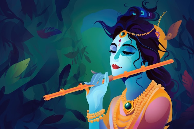 Gott Krishna mit bansuri buntem Blattvektorhintergrund