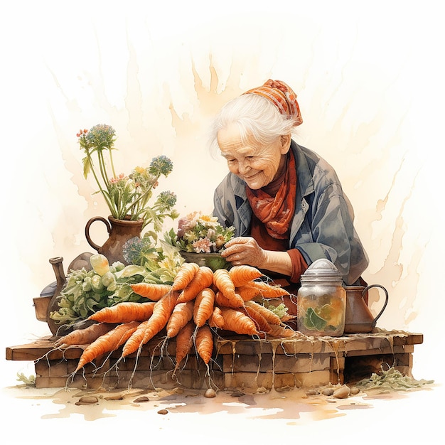 Gouache-Stil Eine alte Dame mit einer Karottenernte auf dem Tisch Illustration
