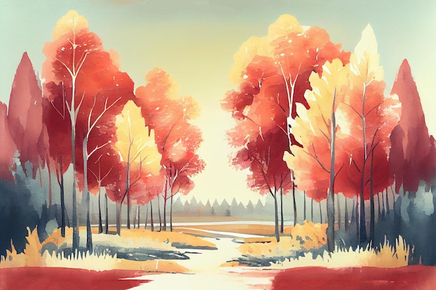 Gouache-Zeichnung Herbst im Wald rote und gelbe Bäume Illustration Generative AI