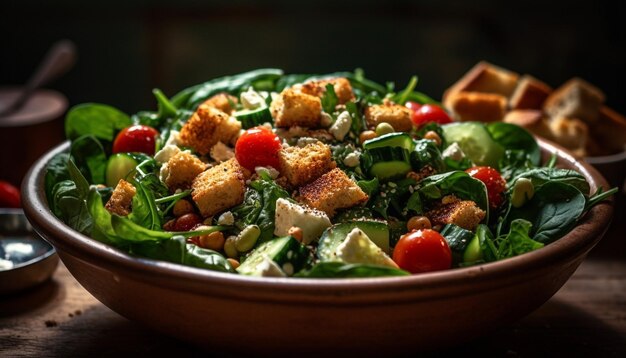 Gourmet-Caesar-Salat auf rustikalem Holzteller, generiert von KI