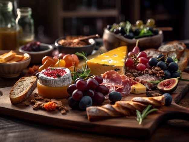 Foto gourmet charcuterie board in einer rustikalen küche lebensmittelfotografie