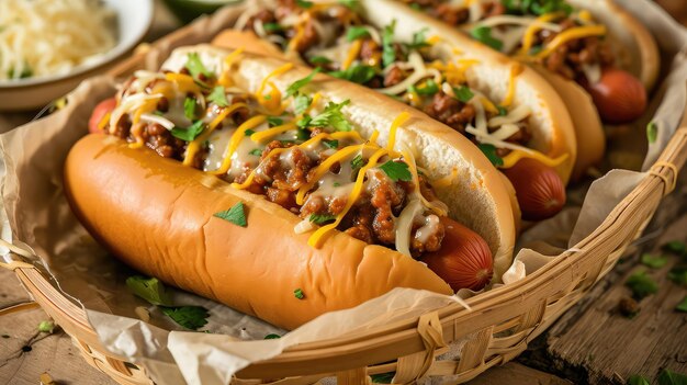 Foto gourmet chili dogs com ervas frescas e queijo derretido uma representação deliciosa