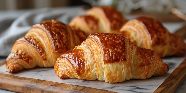 Gourmet-Croissants mit glänzender Glasur auf einer Holzplatte