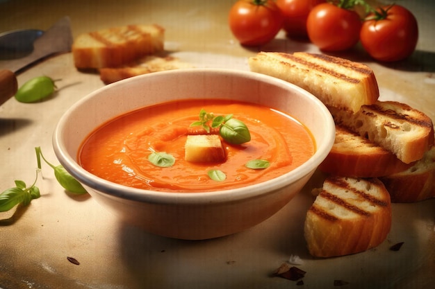 Gourmet Delight Sopa de tomate fresco AIGenerated com guarnição de baguete grelhada