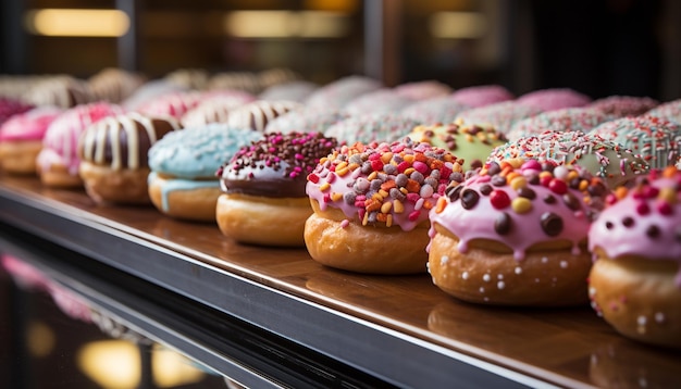 Foto gourmet-donut mit schokoladen-glasur und erdbeerdekoration, erzeugt durch künstliche intelligenz